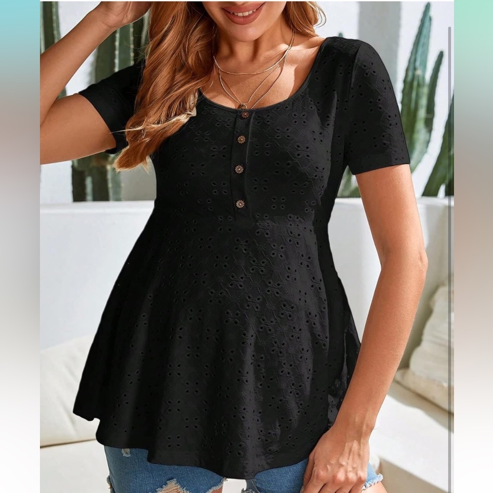 MakeMeChic Women's Maternity Summer Shirts Short Sleeve Button  Peplum Tops